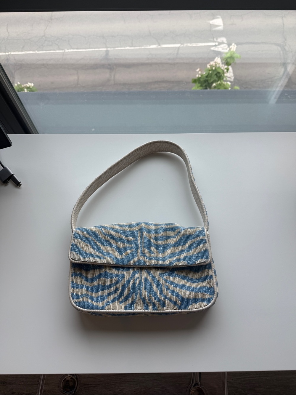 STAUD Blue and Cream Tommy Beaded Zebra-Print Shoulder Bag - Picture 2 of 7